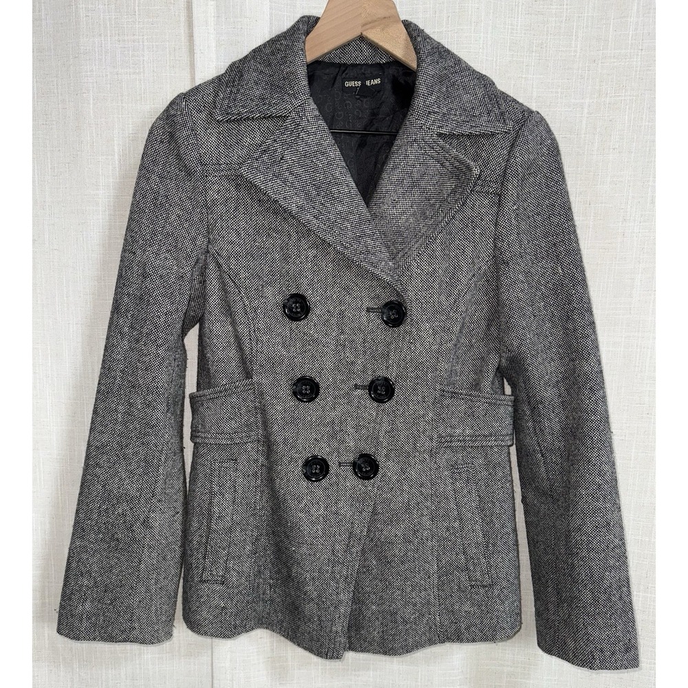 GUESS Vintage Wool Blend Women's S Small Black Tweed Coat‎ Double Breasted